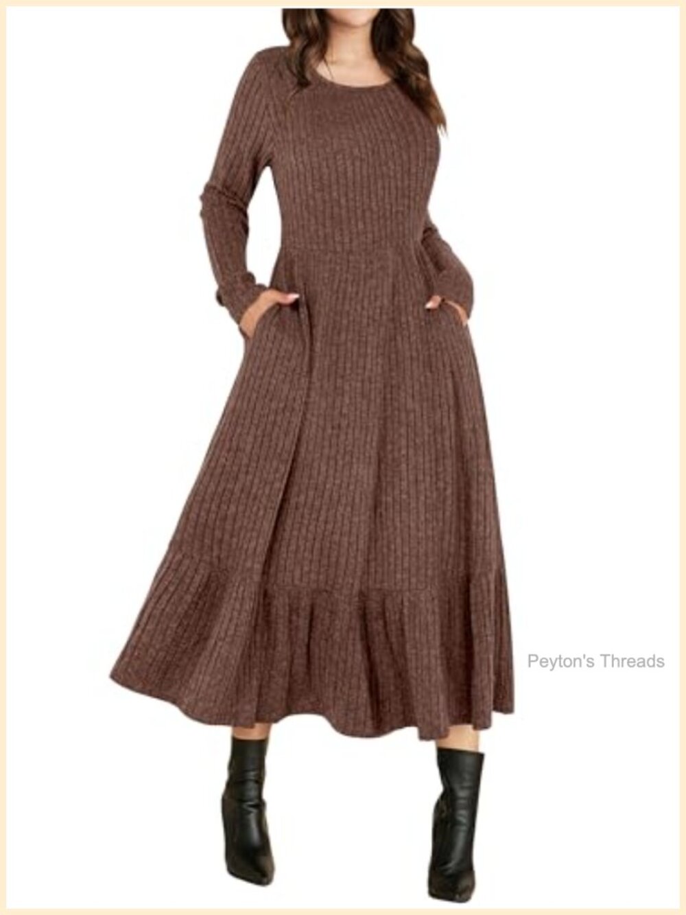 Womens Long Sleeve A-Line Midi Dress with Pockets